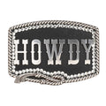 Howdy silver tone belt buckle with sparkles