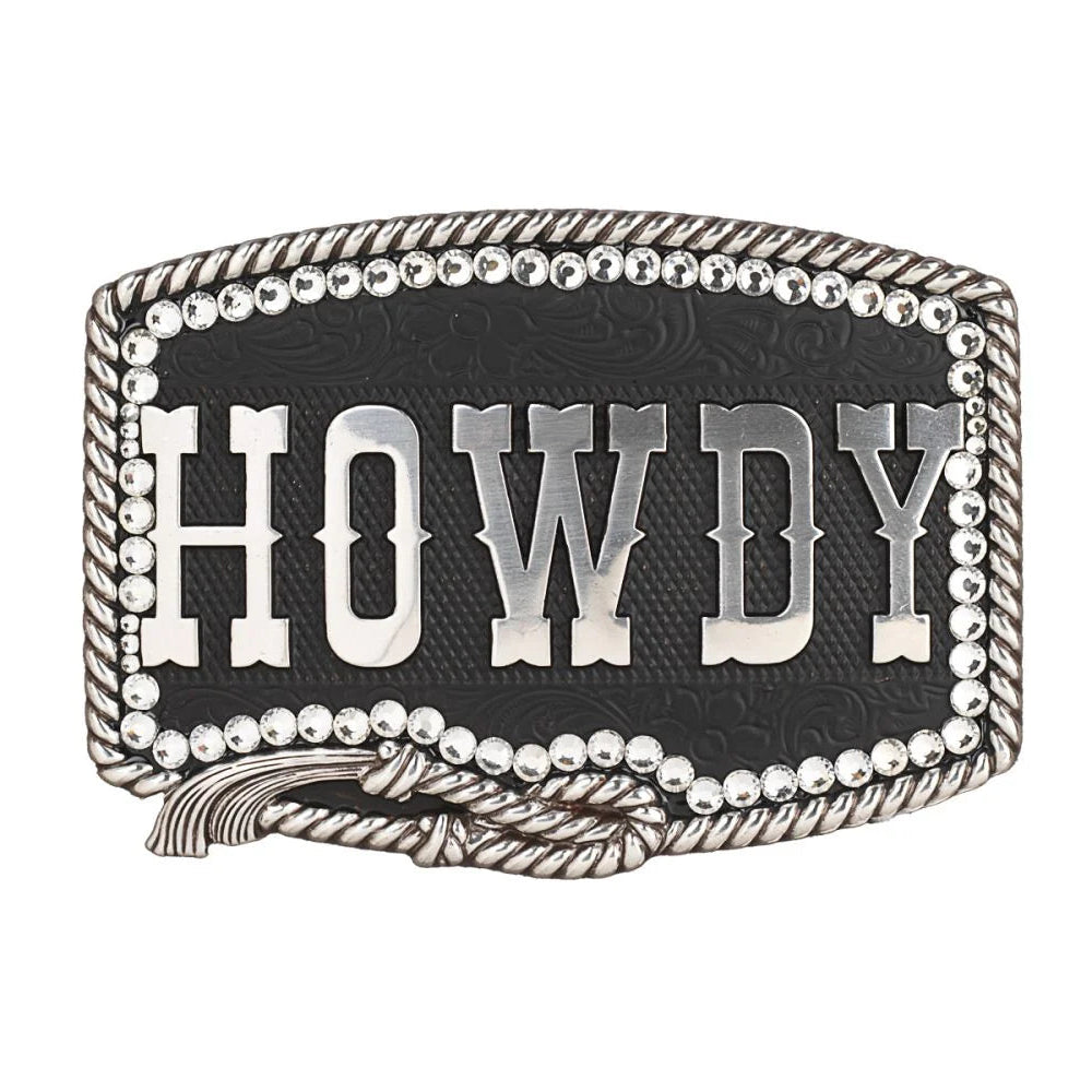 Howdy silver tone belt buckle with sparkles