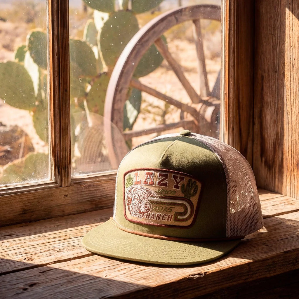 Lazy J Ranch Olive & White Brewster Classic Rope Trucker Hat - Badlands AB Exclusive