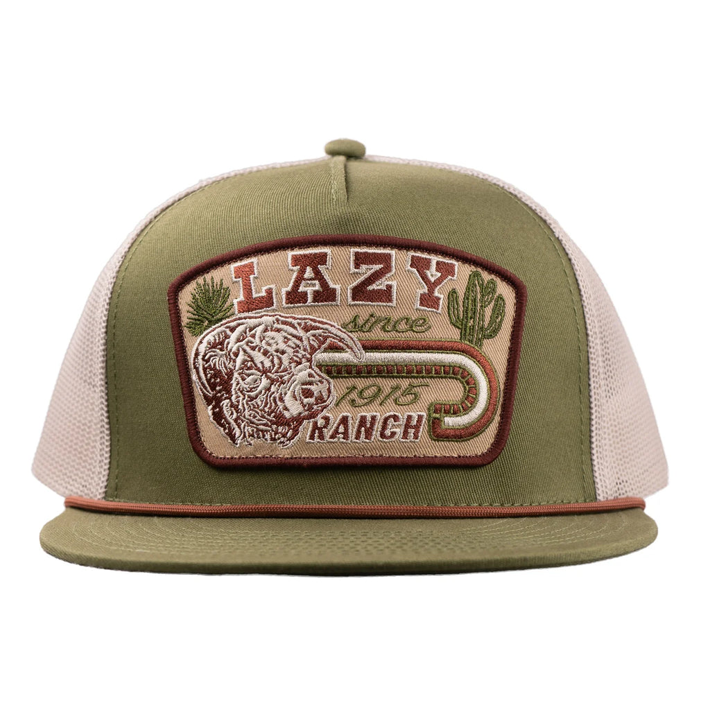 Lazy J Ranch Olive & White Brewster Classic Rope Trucker Hat - Badlands AB Exclusive