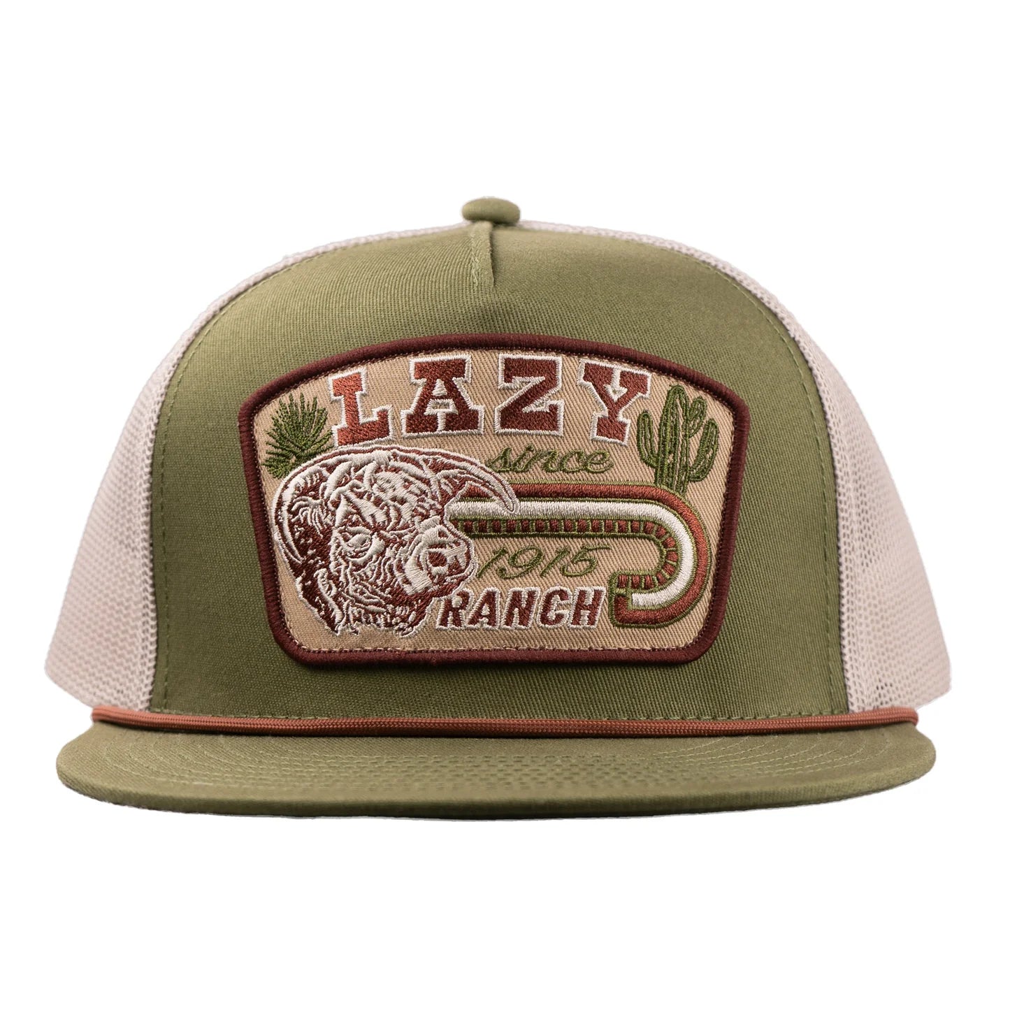 Lazy J Ranch Olive & White Brewster Classic Rope Trucker Hat - Badlands AB Exclusive