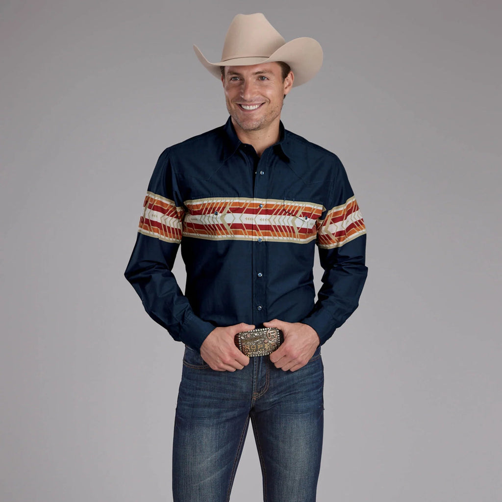 Roper Men's Navy Aztec Border Print Long Sleeve Western Shirt