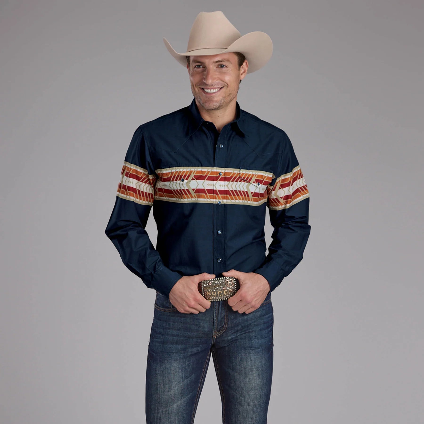 Roper Men's Navy Aztec Border Print Long Sleeve Western Shirt