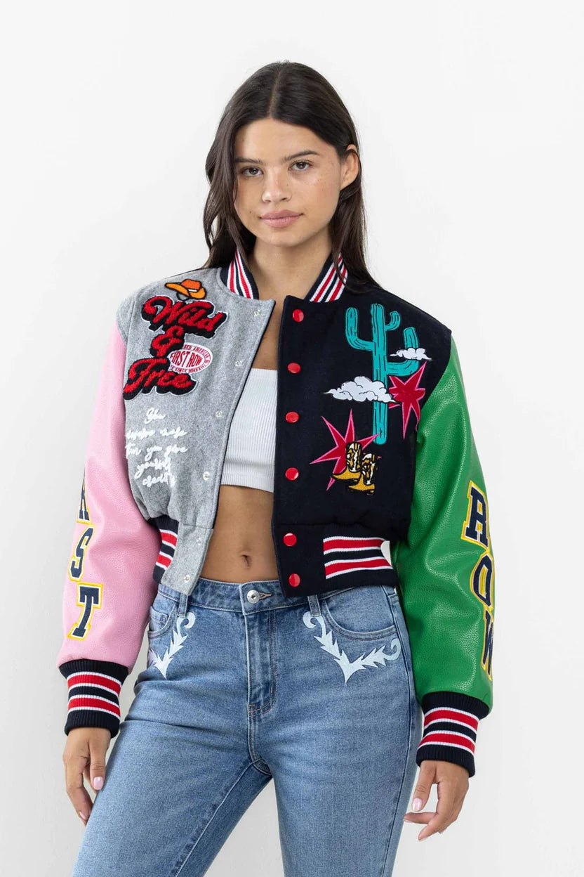 WILD AND FREE CROPPED VARSITY JACKET